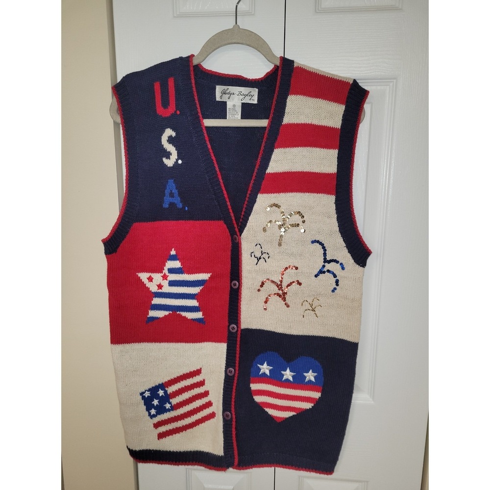 Patriotic Vest M USA Gladys Bagley American Flag‎ Knit Sequin/Beads/Embroidered